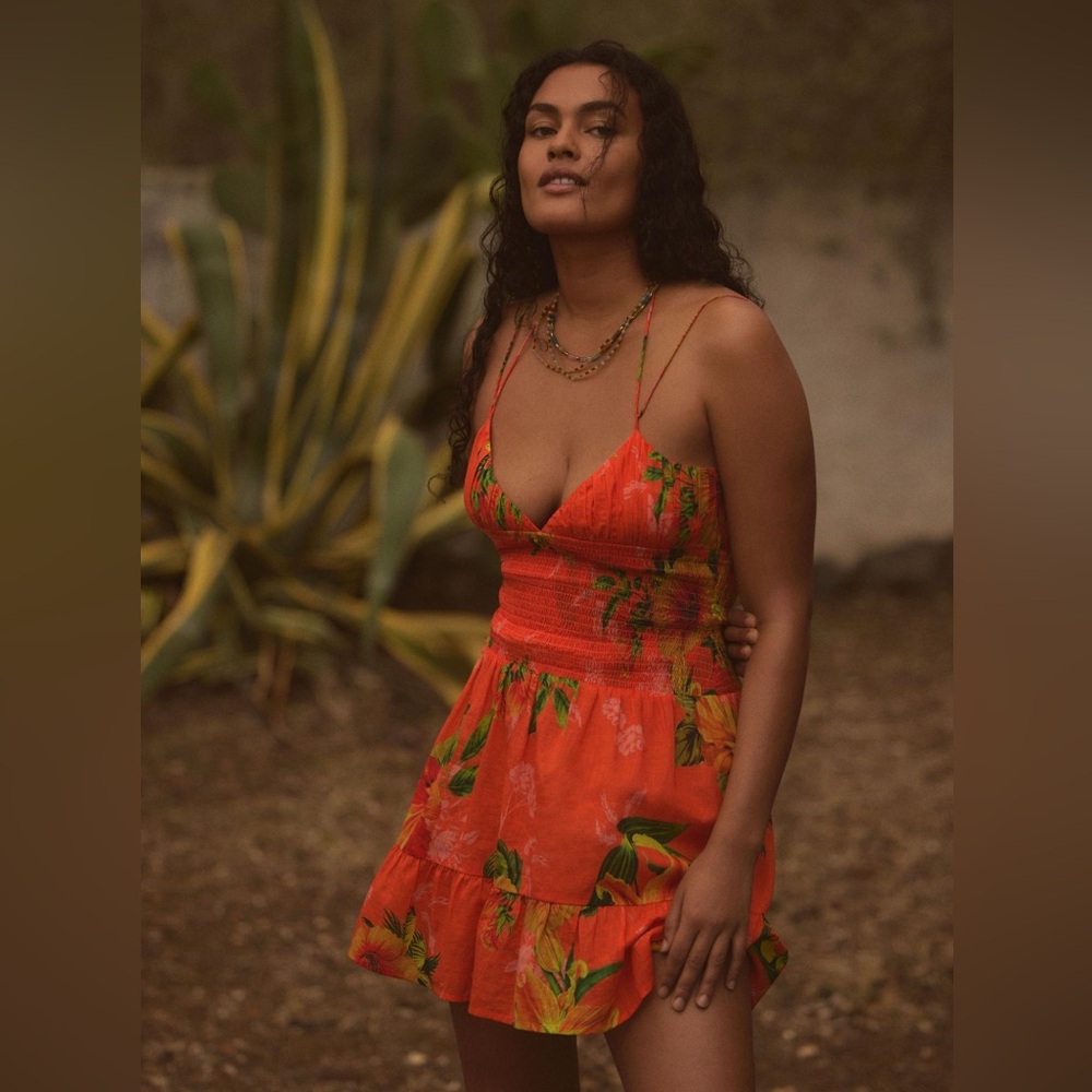 NWT Anthropologie Josephine smocked drop waist dress mini orange tropical